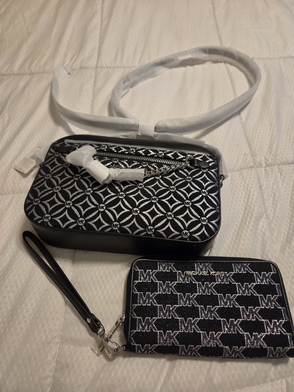 Michael Kors Black Patterned Crossbody Bag and Wristlet Set